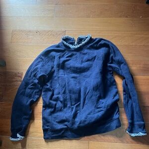 J.Crew dark blue women’s small sweater with blue & white ruffle trim.